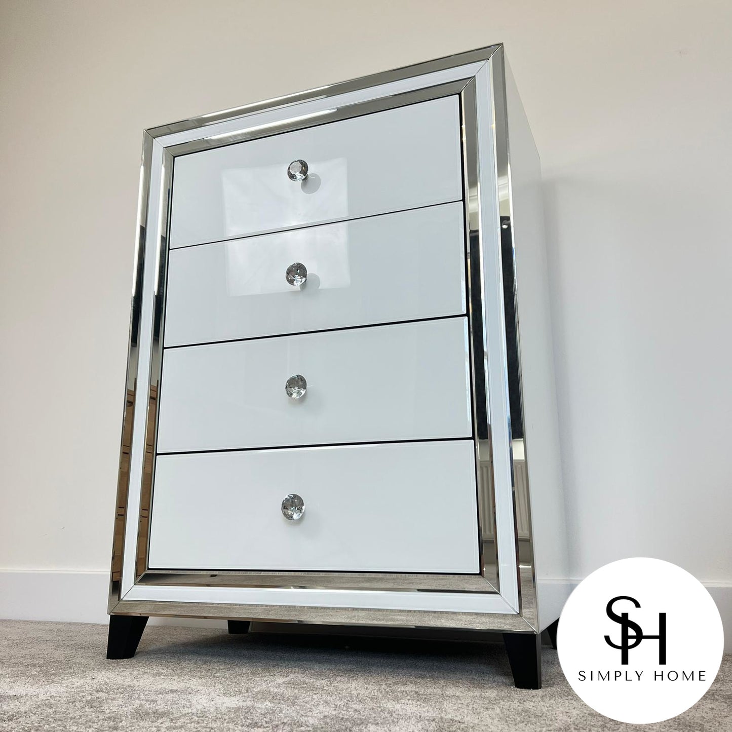 4 Drawer Tall White Mirrored Chest of Drawers
