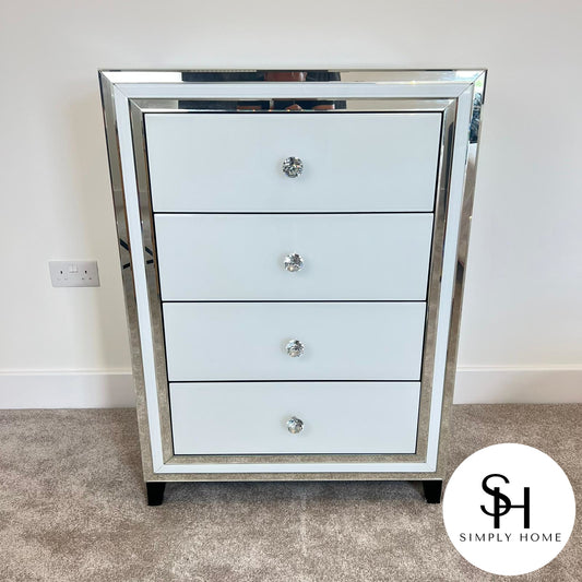 4 Drawer Tall White Mirrored Chest of Drawers