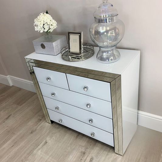 Classic White Mirrored 5 Drawer Chest Of Drawers