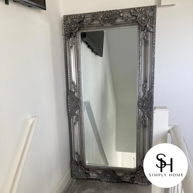 Antique Silver Ornate Floor Standing Mirror