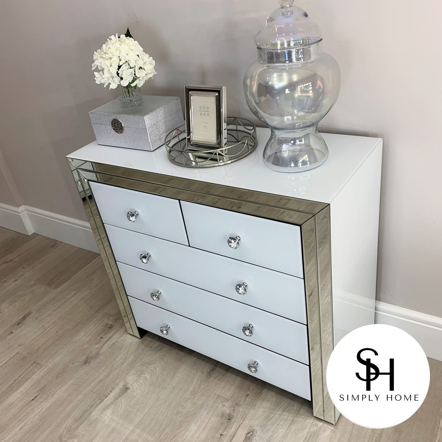 Classic White Mirrored 5 Drawer Chest Of Drawers