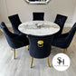Capello Gold White and Grey Marble Circular Dining Table with Black and Gold Leo Chairs