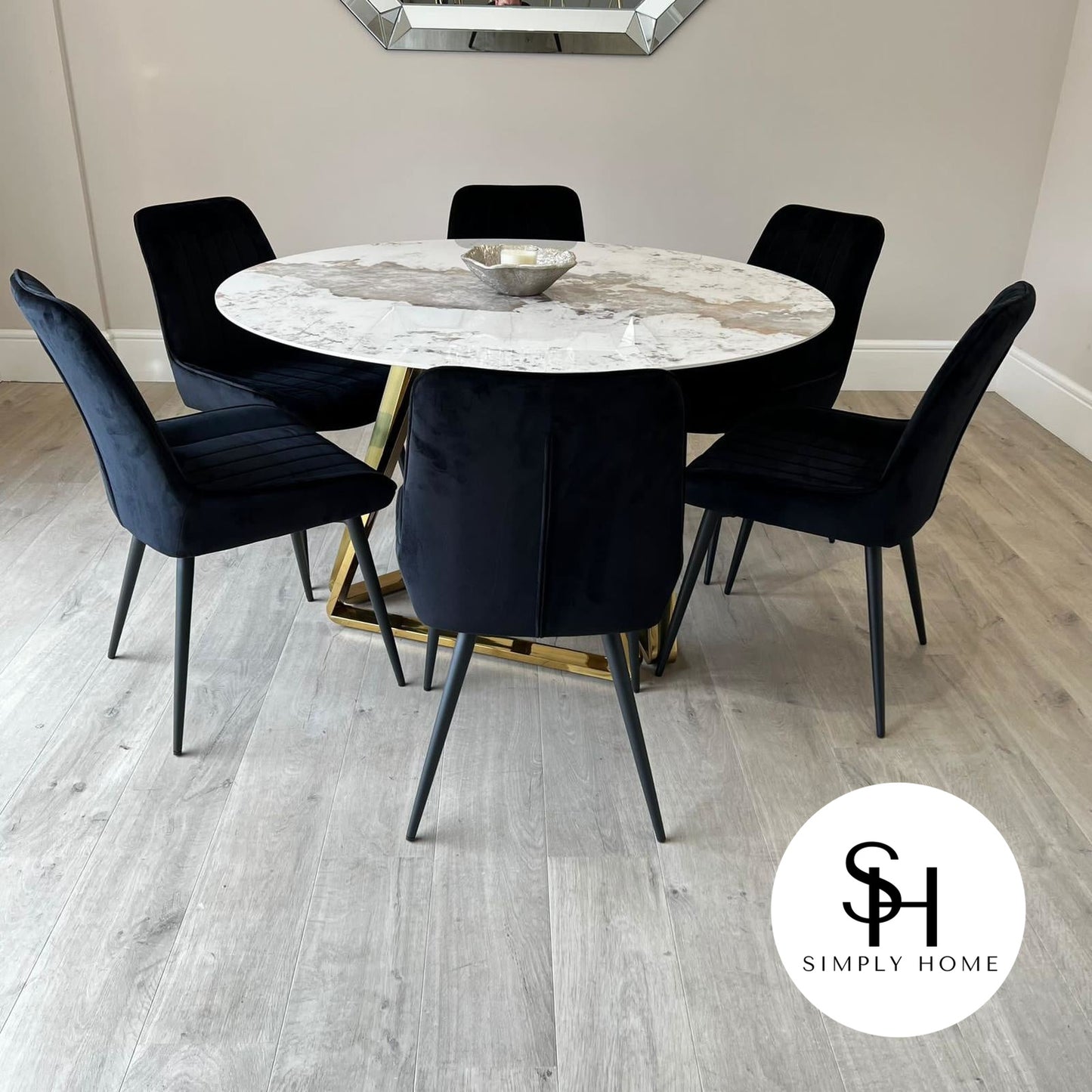 Capello Gold Circular White and Grey Marble Dining Table with Black Luca Chairs