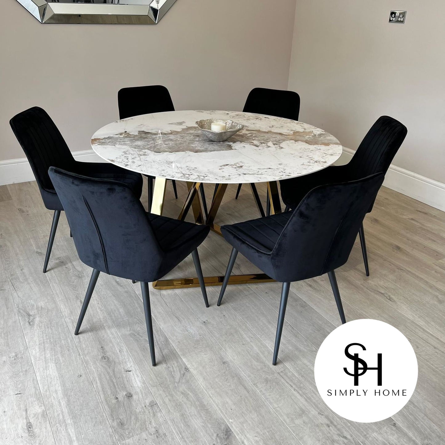Capello Gold Circular White and Grey Marble Dining Table with Black Luca Chairs