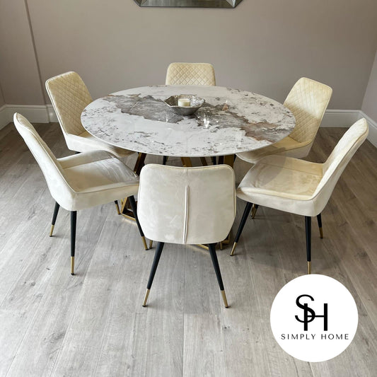 Capello Gold White and Grey Marble Dining Table with Cream Milano Chairs