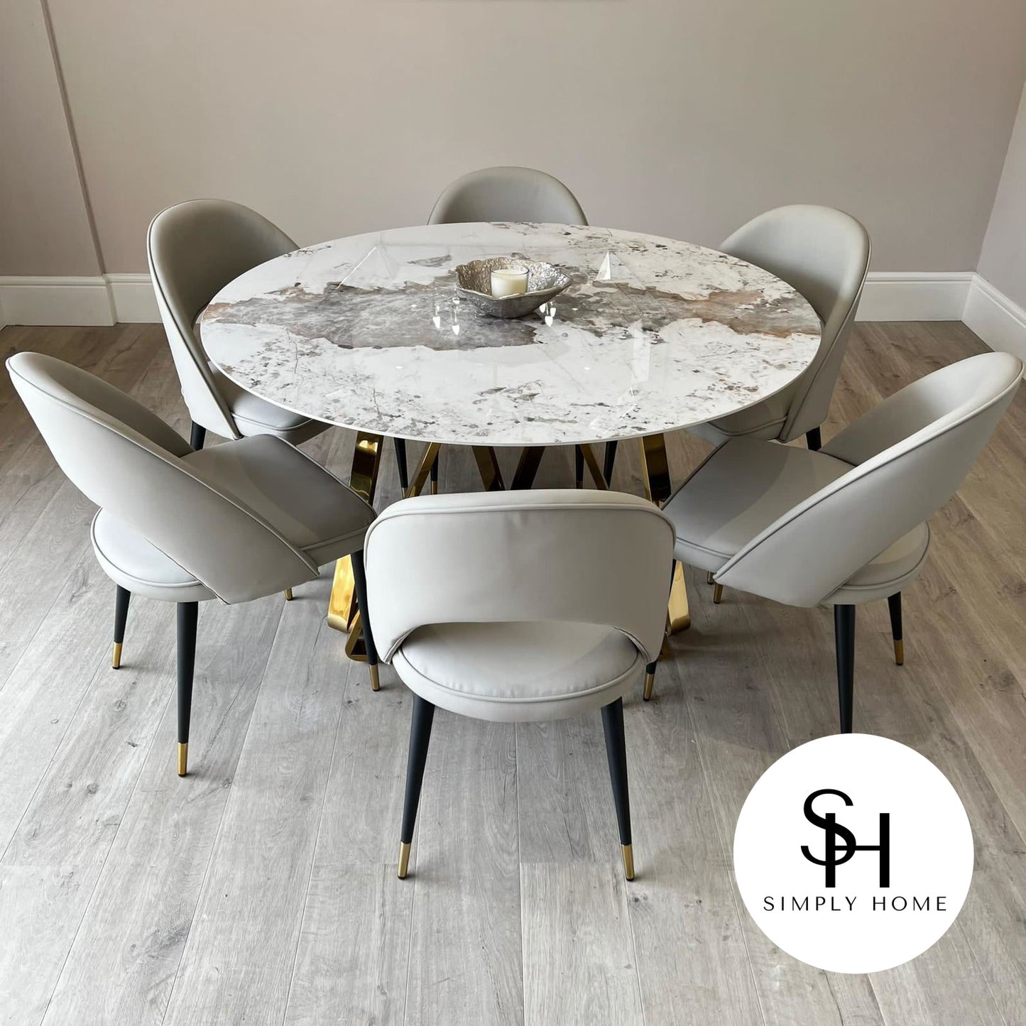 Capello Gold Circular White and Grey Marble Dining Table with Grey Adrianna Chairs