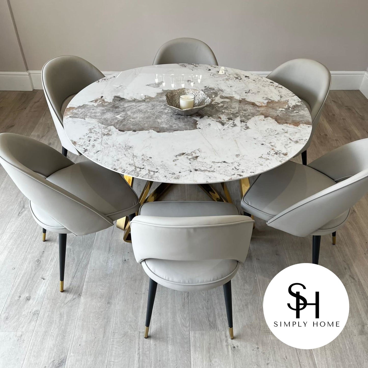Capello Gold Circular White and Grey Marble Dining Table with Grey Adrianna Chairs