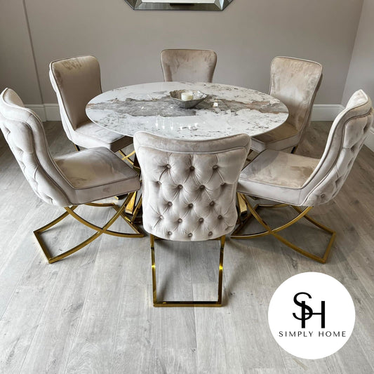 Capello Gold White and Grey Marble Dining Table with Cream Pavia Gold Chairs