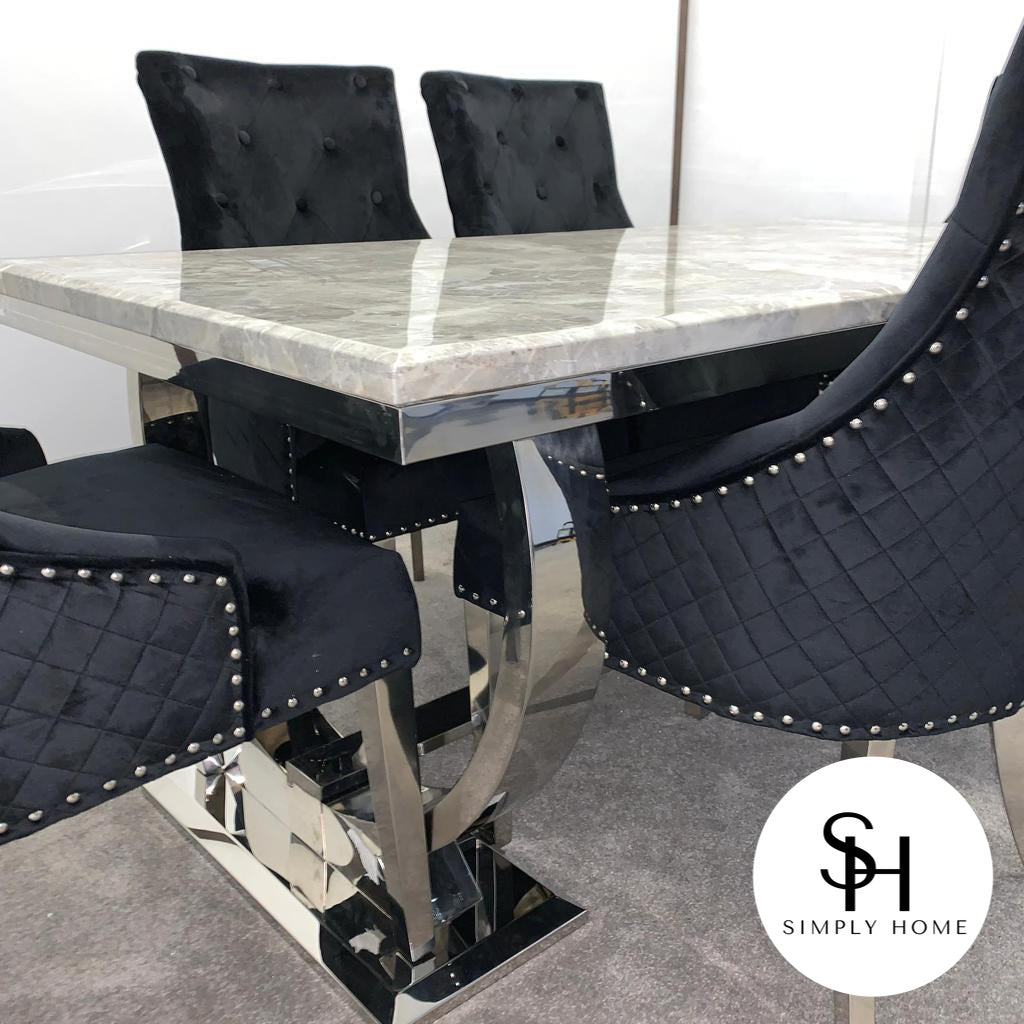 Empire Grey Marble Dining Table with Black Leo Dining Chairs