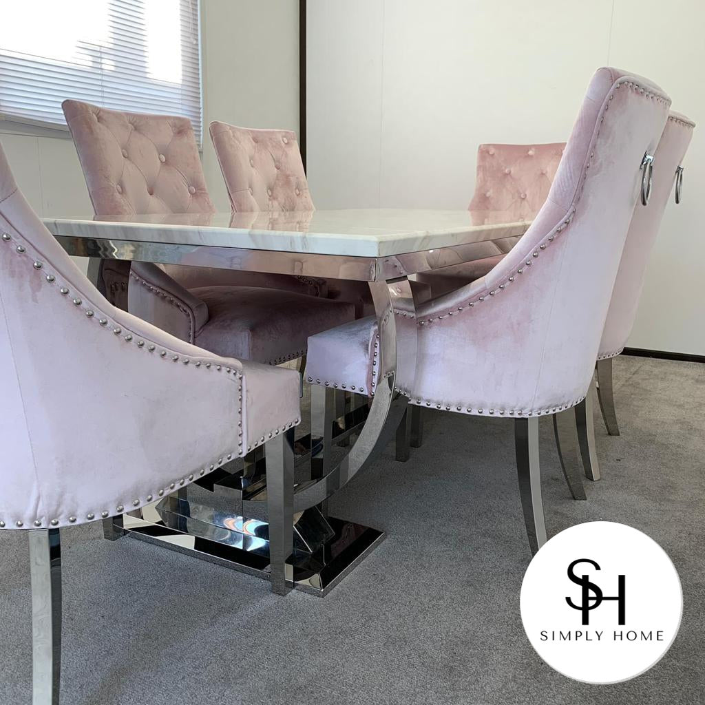 Empire White Marble Dining Table with Pink Vincent Chairs