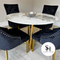 Natalia Circular White Marble Dining Table with Black & Gold Leo Chairs