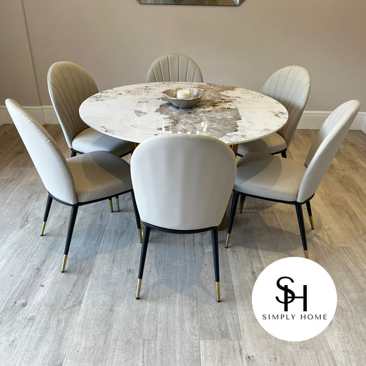 Natalia Circular White Marble Dining Table with Beige Edra Chairs