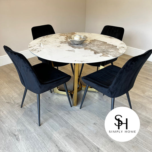 Natalia Circular White Marble Dining Table with Black Luca Chairs