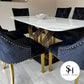 Orabella Gold White Marble Dining Table with Black and Gold Leo Chairs