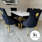 Orabella Gold White Marble Dining Table with Black and Gold Leo Chairs