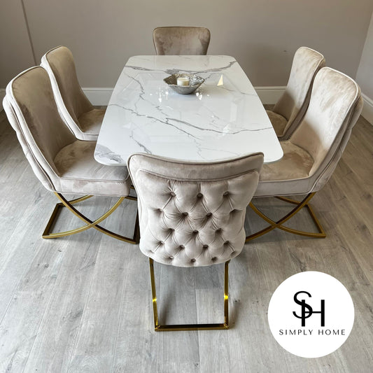 Orabella Gold White Marble Dining Table with Cream Pavia Chairs