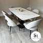 Orabella Gold White Marble Dining Table with Grey Adrianna Chairs