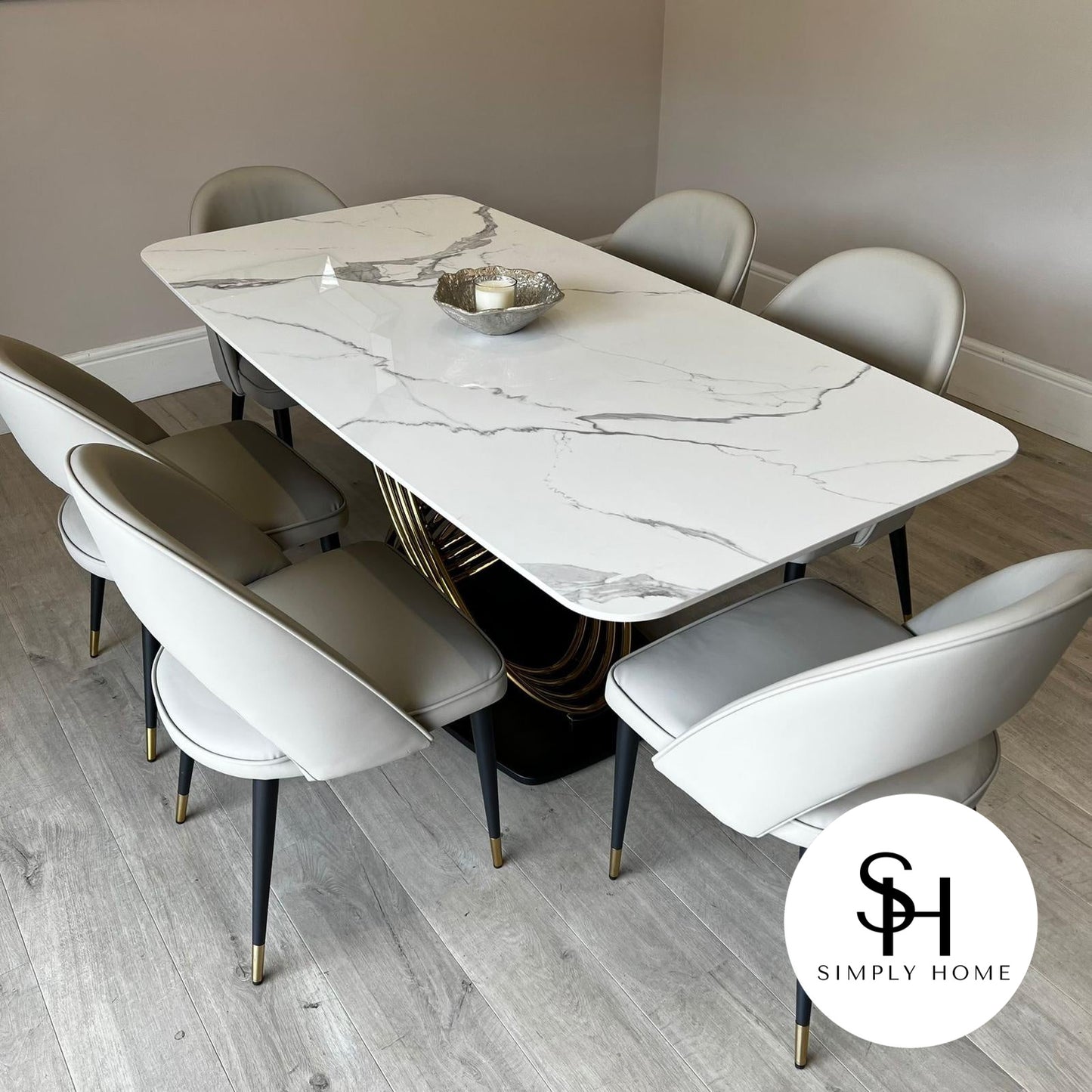 Orabella Gold White Marble Dining Table with Grey Adrianna Chairs