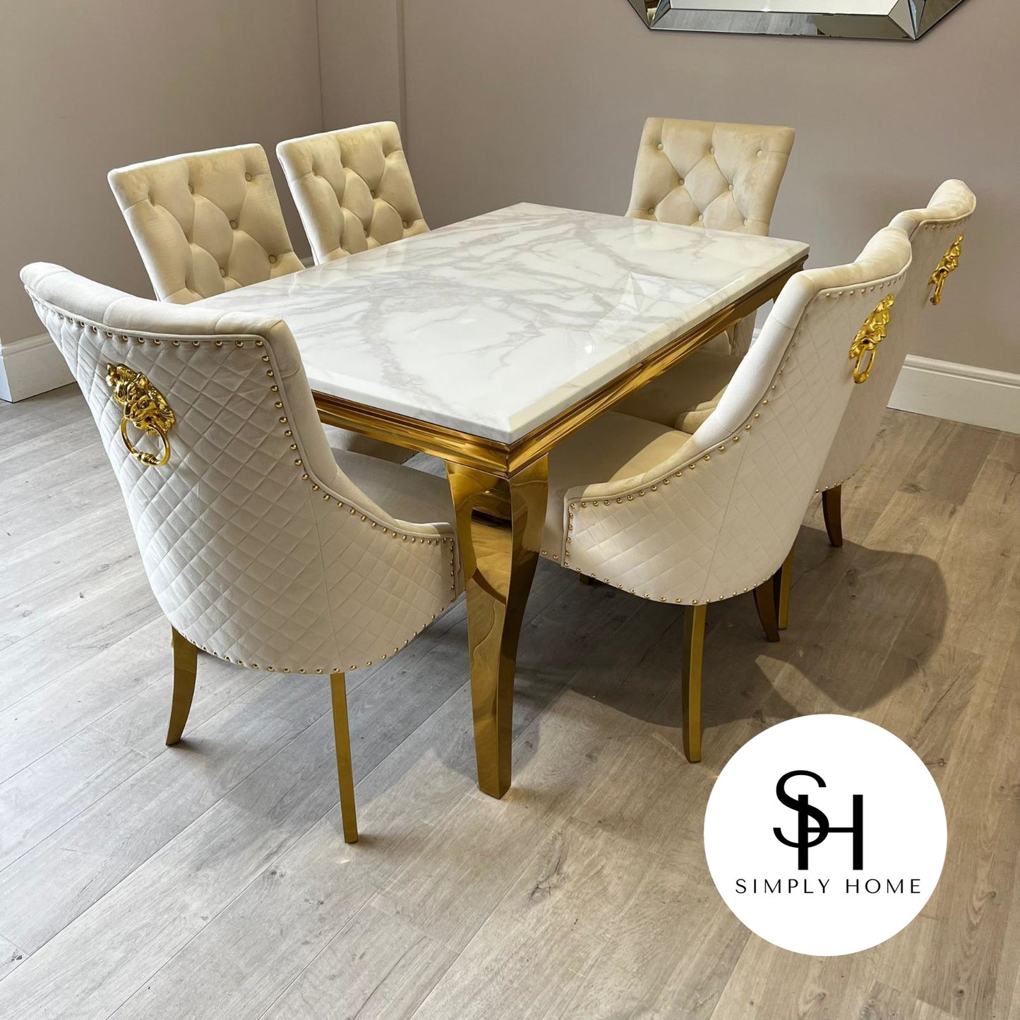 Riviera Gold White Marble Dining Table with Cream and Gold Leo Chairs