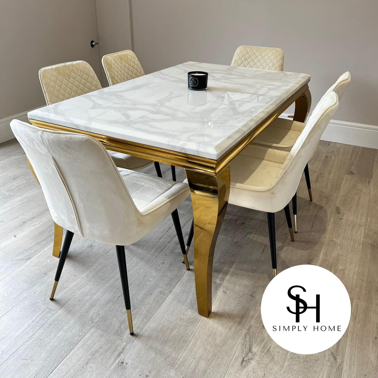 Riviera Gold White Marble Dining Table with Cream Milano Chairs
