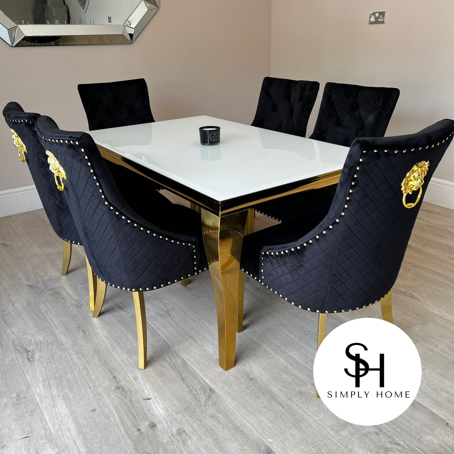 Riviera Gold White Glass Dining Table with Black and Gold Leo Chairs