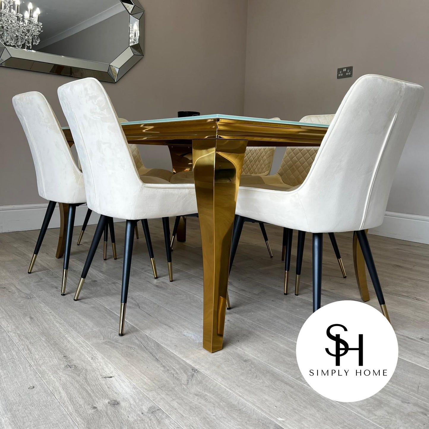 Riviera Gold White Glass Dining Table with Cream Milano Chairs