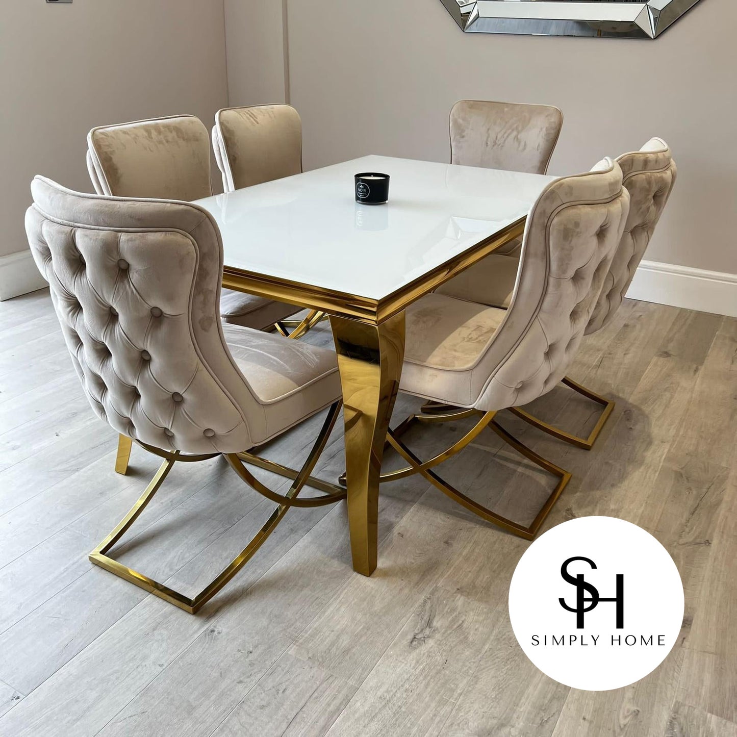 Riviera Gold White Glass Dining Table with Cream Pavia Gold Chairs