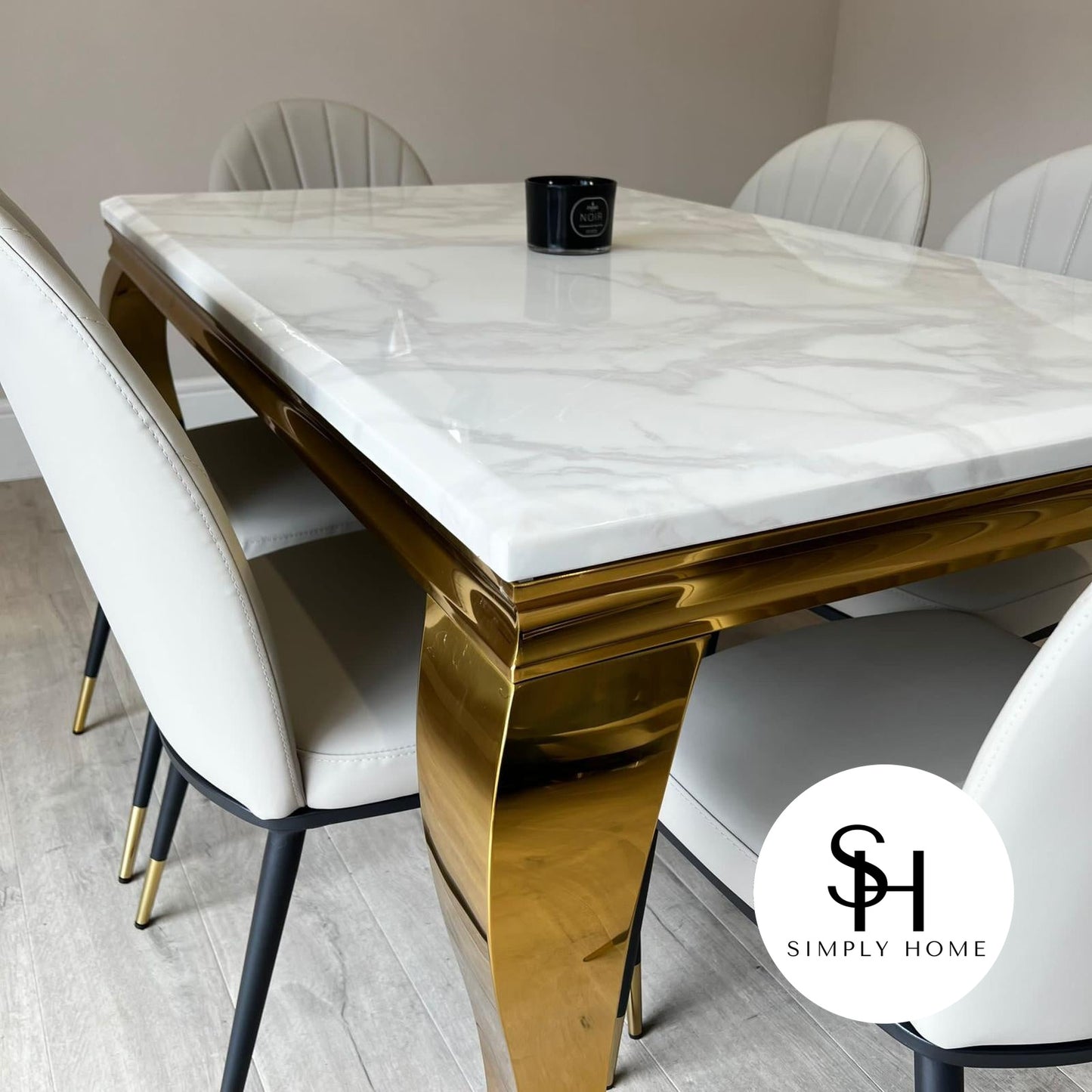 Riviera Gold White Marble Dining Table with Beige Edra Chairs