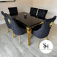 Riviera Gold Black Glass Dining Table with Black Leo Gold Chairs