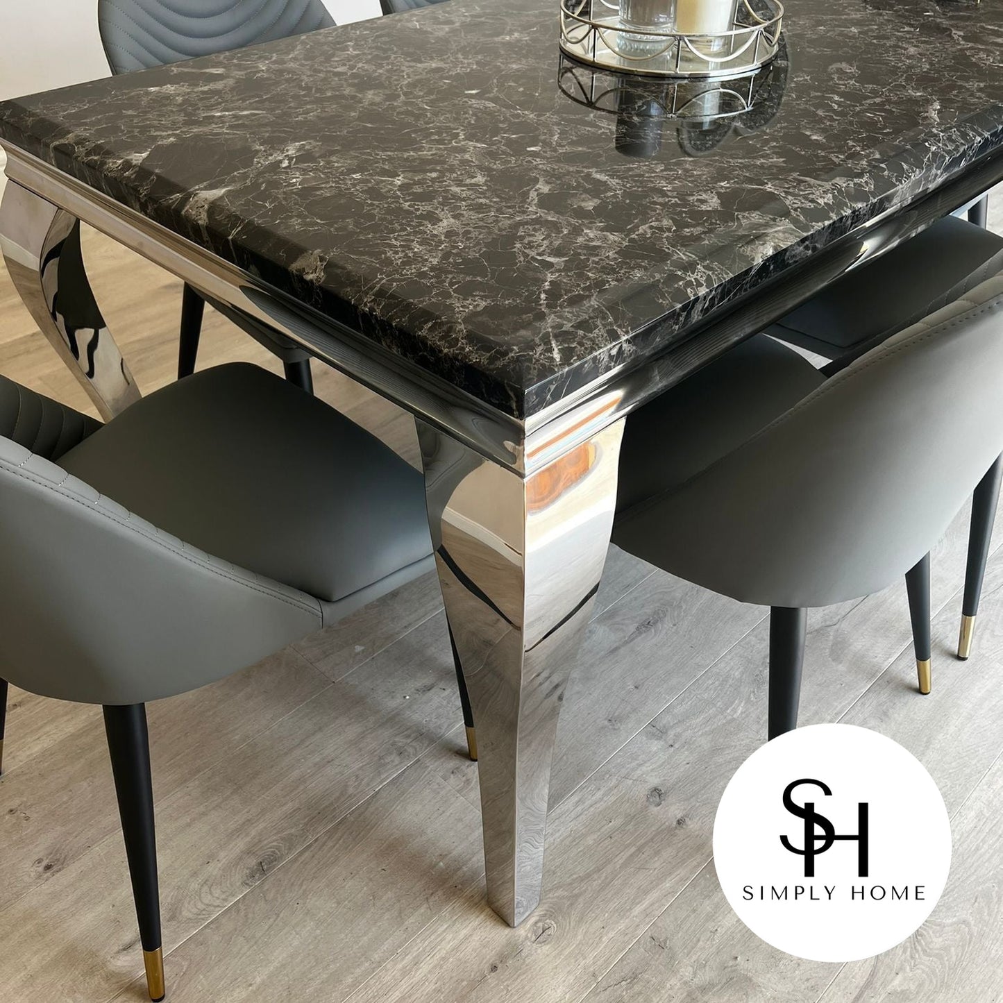 Riviera Black Marble Dining Table with Grey Alberto Chairs
