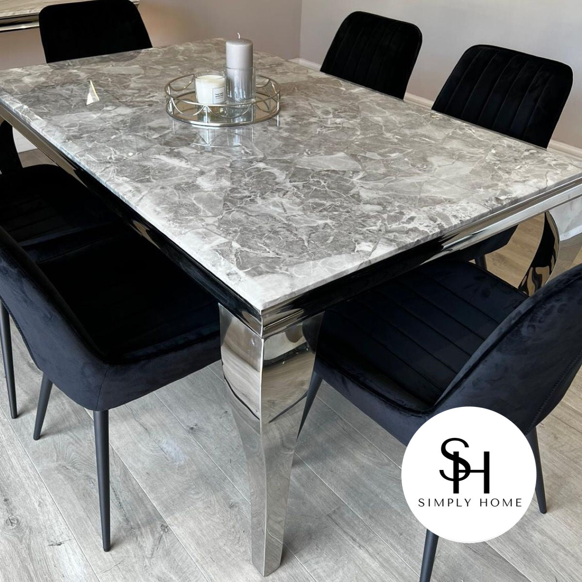 Riviera Grey Marble Dining Table with Black Luca Chairs