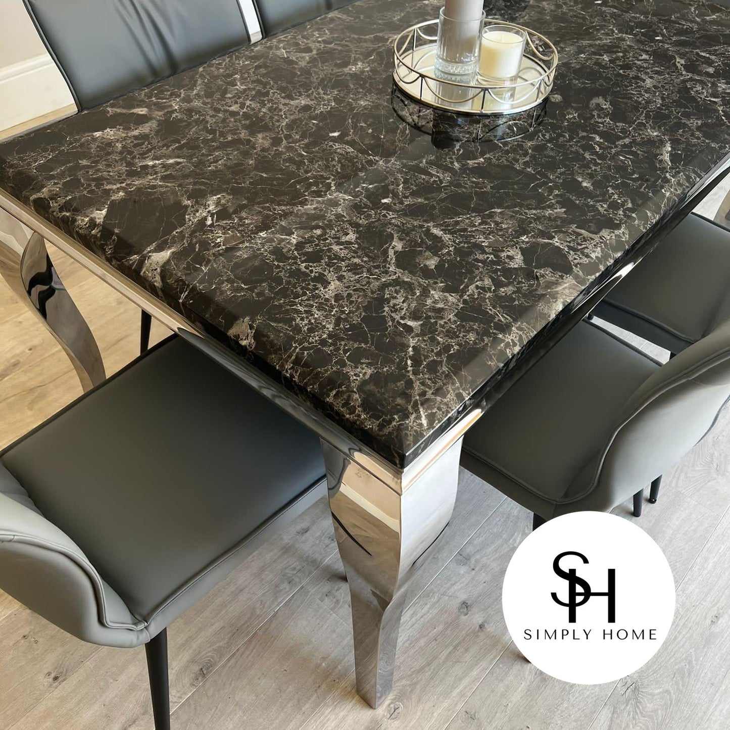 Riviera Black Marble Dining Table with Grey Fiorentina Chairs
