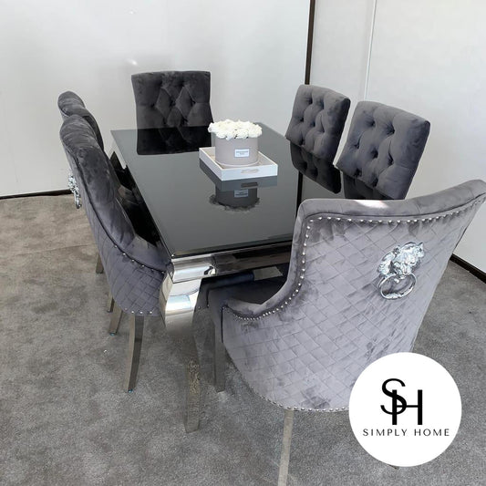 Riviera Black Glass Dining Table with Grey Leo Chairs