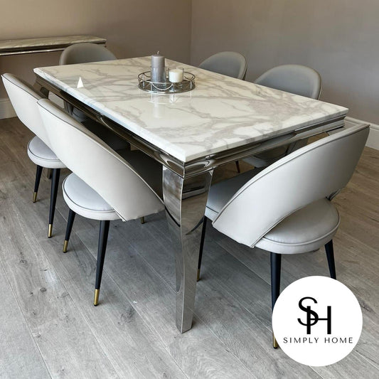 Riviera White Marble Dining Table with Grey Adrianna Chairs