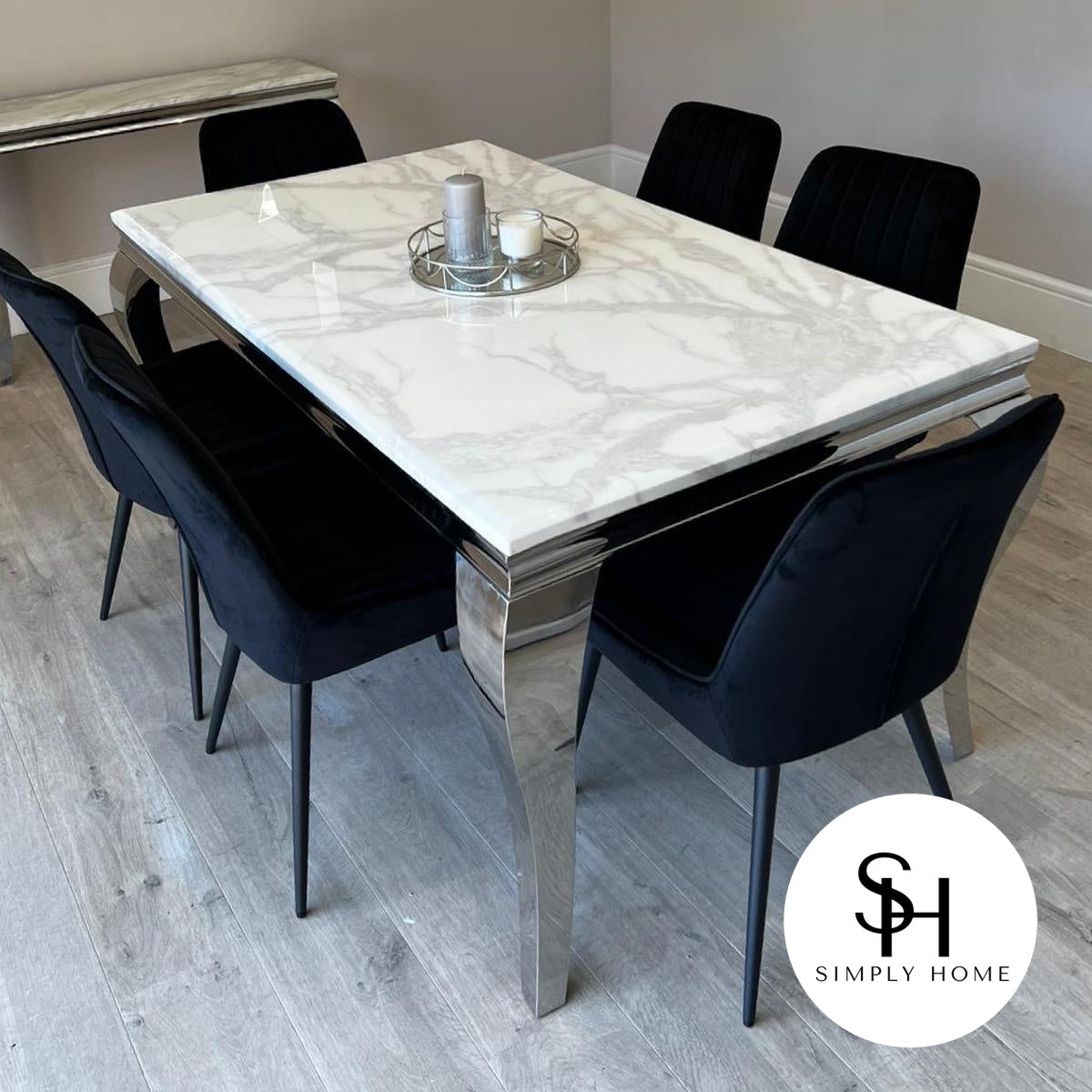 Riviera White Marble Dining Table with Black Luca Chairs