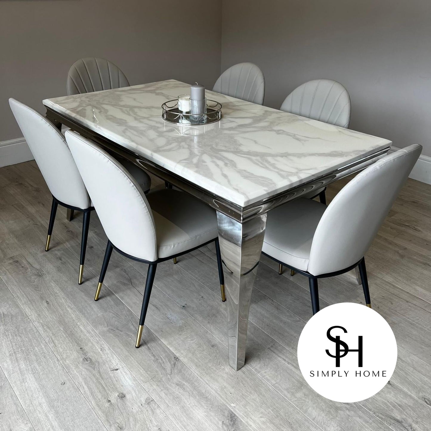 Riviera White Marble Dining Table with Beige Edra Chairs