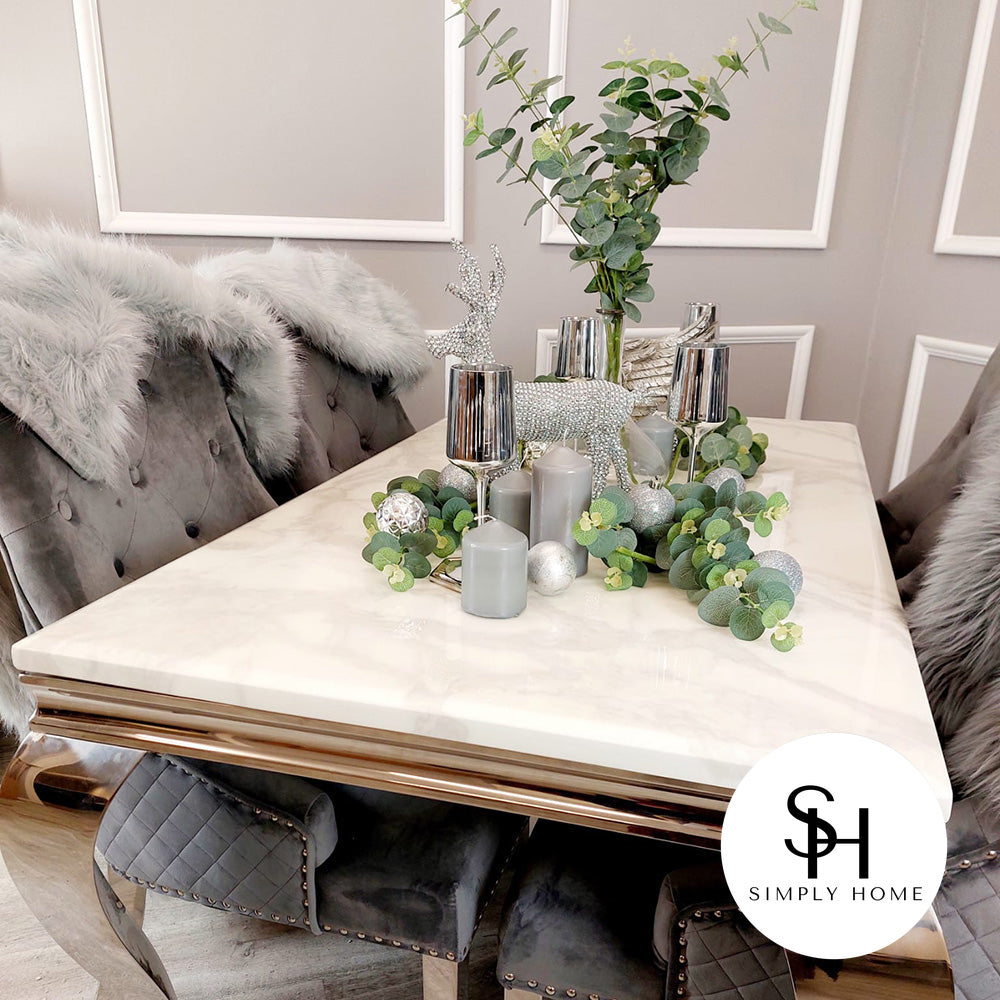 Riviera White Marble Dining Table with Grey Leo Chairs