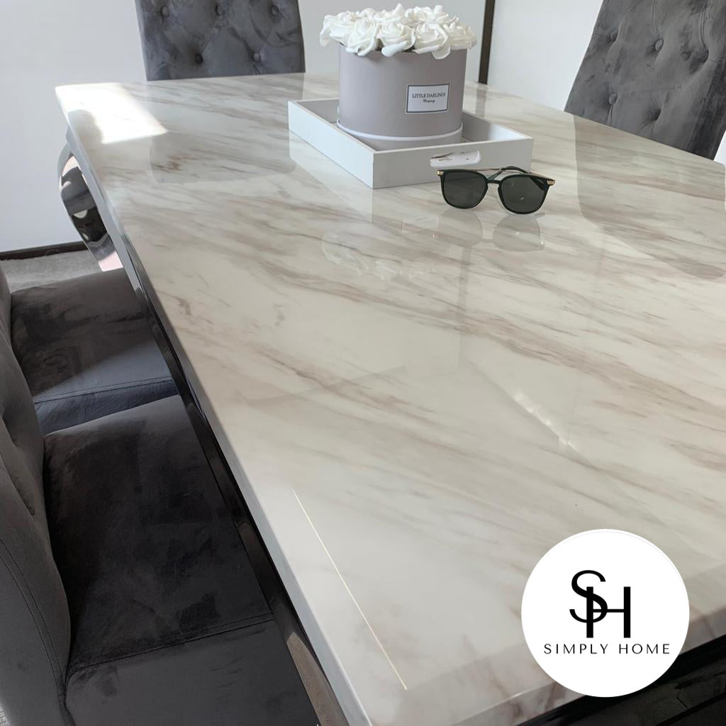 Riviera White Marble Dining Table with Grey Sophia Chairs