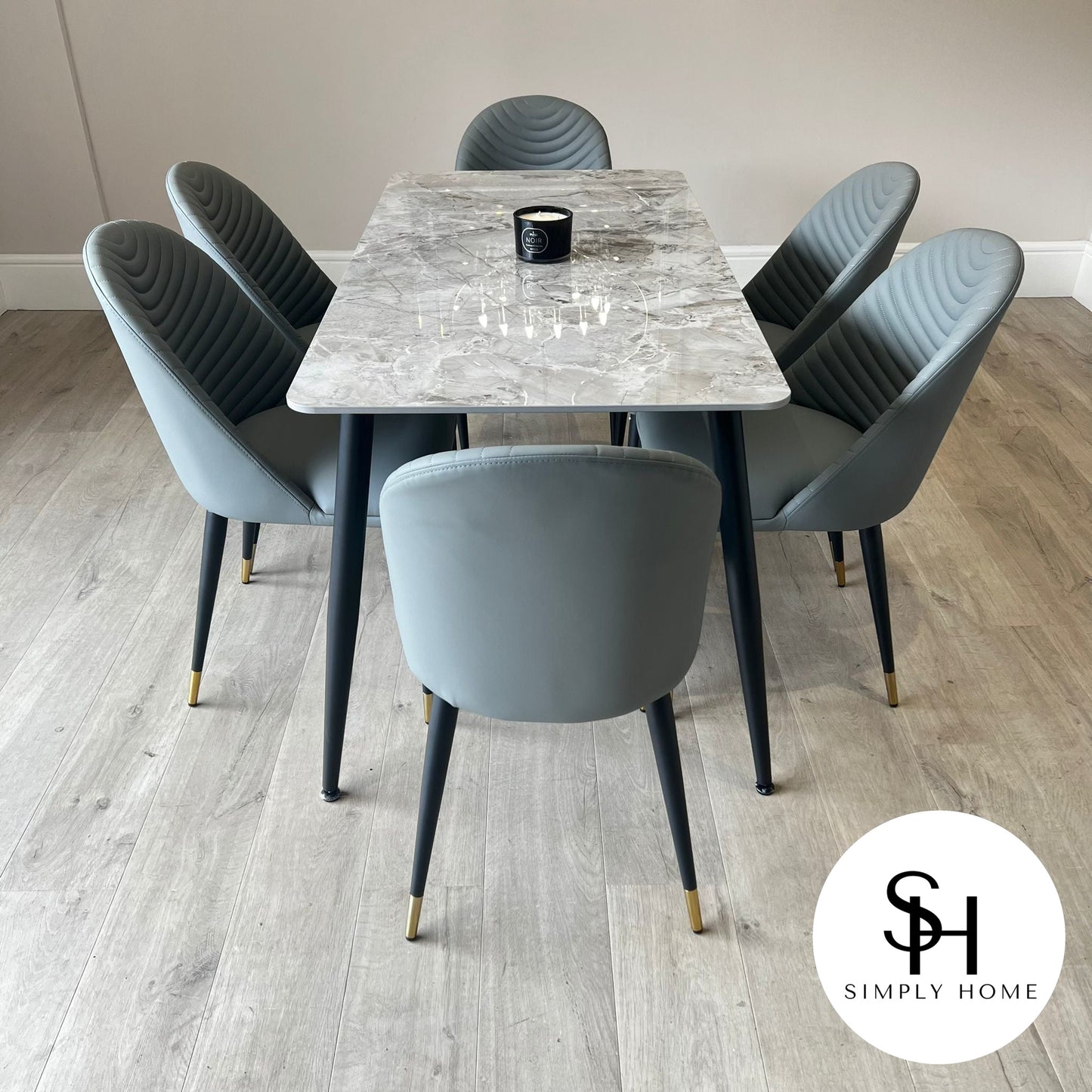 Terra Grey Marble Dining Table with Light Grey Alberto Chairs