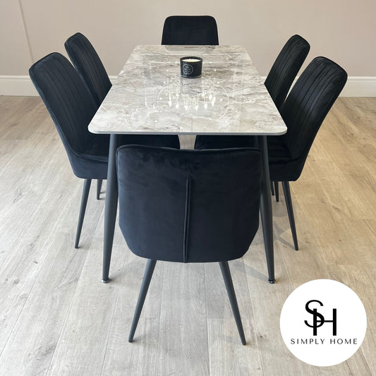 Terra Grey Marble Dining Table with Black Luca Chairs