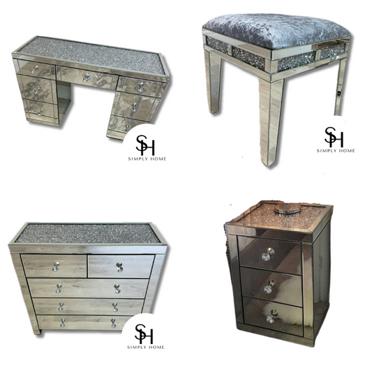 Diamond Crush dresser & Stool with Diamond Crush chest of Drawers and 2x Diamond Crush Bedside Table